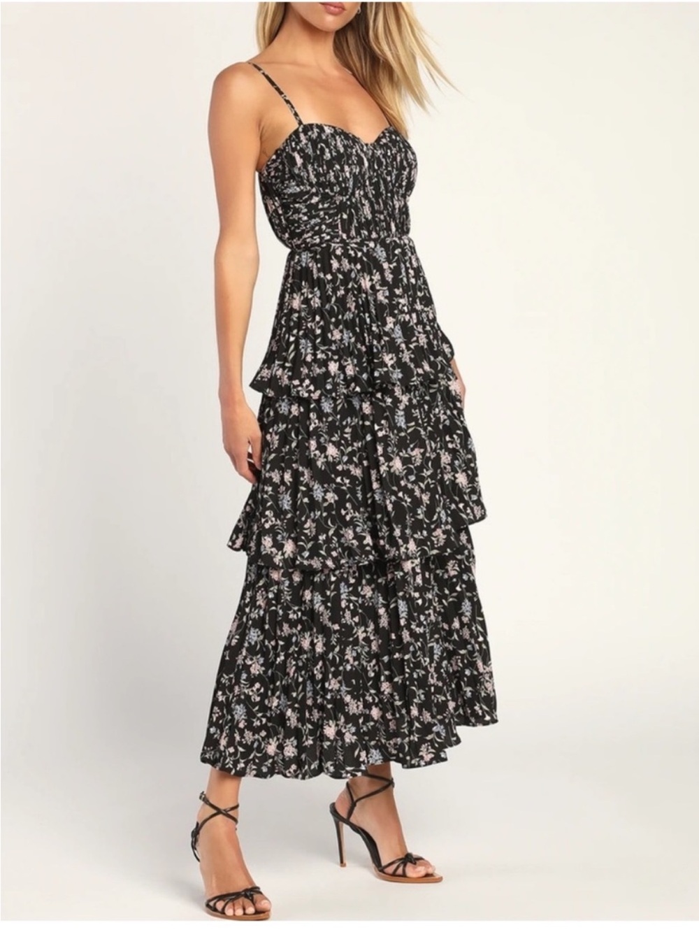 Lulu's Black Floral Tiered Midi Dress